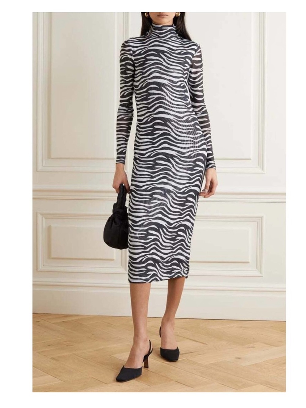 STAUD Brae Black Gray Metallic Lined Mesh Turtleneck Midi Dress